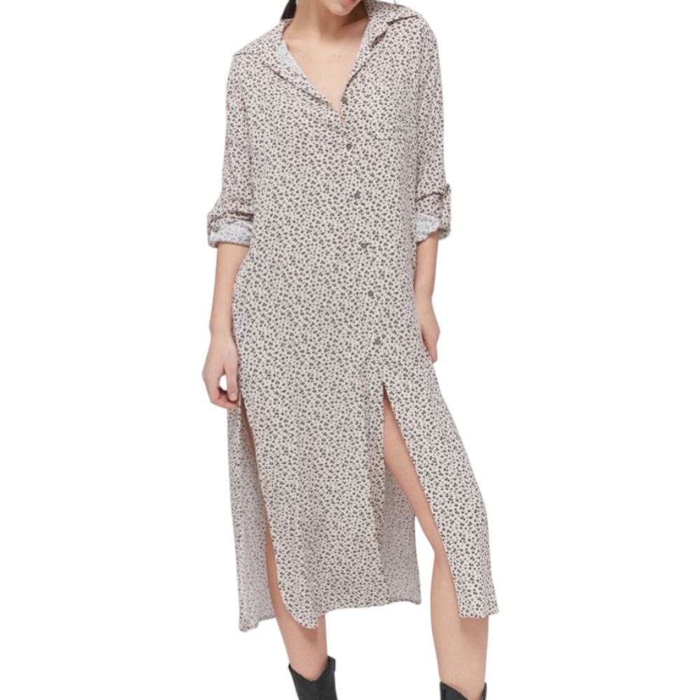 AURA Cheetah Print Long Sleeve Shirt Dress Button Front Midi Side Slits Large
